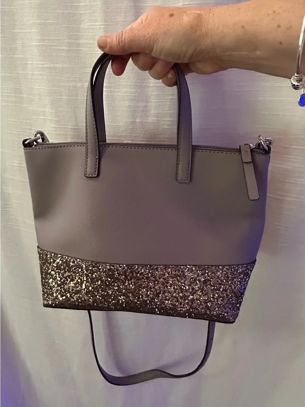 kate spade taupe glitter two-tone small satchel with gold sparkle